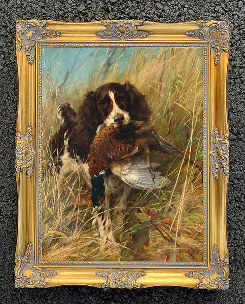 Gilt Framed Oleograph of  a Spaniel with a Pheasant aft. Thomas Blinks