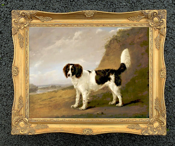 Gilt Framed Oleograph of a Field Spaniel in a Rural Landscape