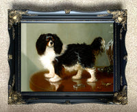 Ornate Framed Oleograph of a King Charles Cavalier Spaniel