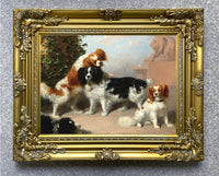 Gilt Framed Oleograph on Canvas - Spaniels at Play