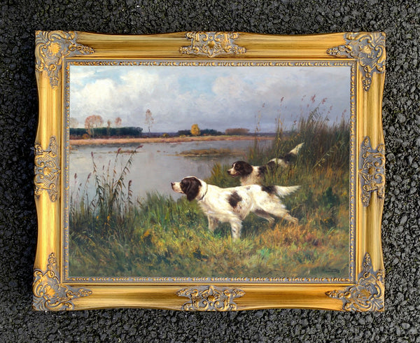 Gilt Framed Oleograph of Spaniels in a River Landscape