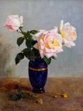 Exquisite Oleograph on Canvas - Assorted Roses in a Blue Vase