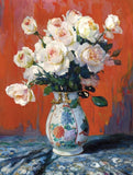 Exquisite Oleograph on Canvas - Roses in a Chinese Vase