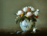 Exquisite Oleograph on Canvas Still Life of White Flowers in a Blue Vase