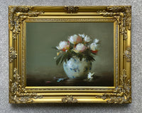 Exquisite Oleograph on Canvas Still Life of White Flowers in a Blue Vase