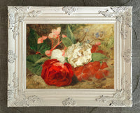 Beautiful Oleograph on Canvas Still Life of Roses on a Ledge