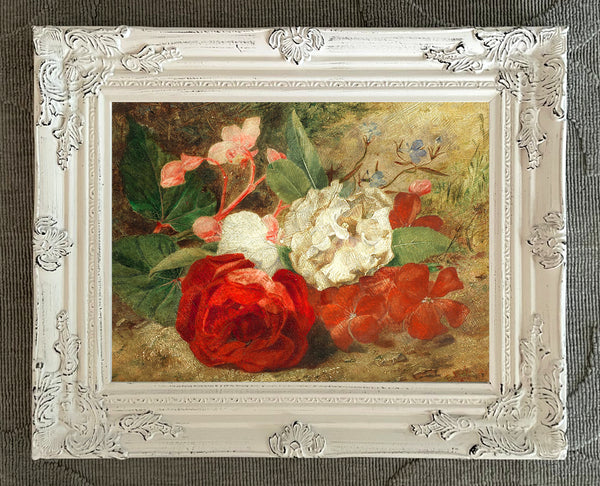 Beautiful Oleograph on Canvas Still Life of Roses on a Ledge