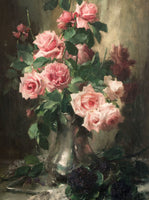 Exquisite Oleograph on Canvas - Vase with Red Roses & African Violets