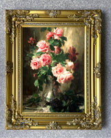 Exquisite Oleograph on Canvas - Vase with Red Roses & African Violets