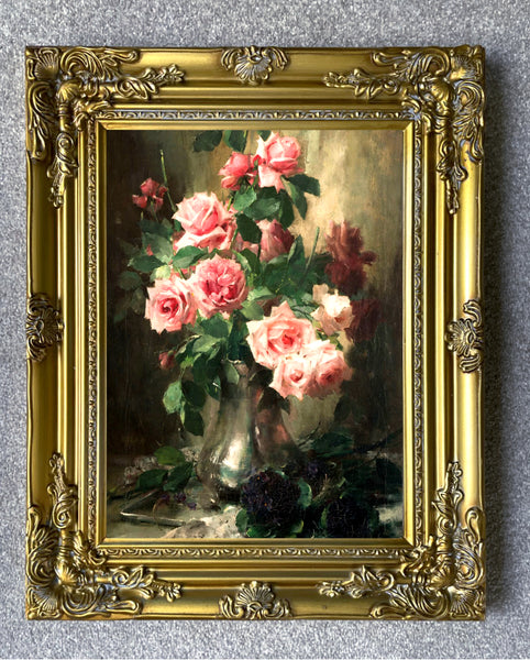 Exquisite Oleograph on Canvas - Vase with Red Roses & African Violets