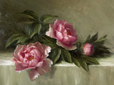 Beautiful Oleograph on Canvas - Still Life with Pink Peonies on a Ledge