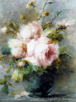 Exquisite Still Life Oleograph on Canvas Still Life of Roses in a Glass Vase