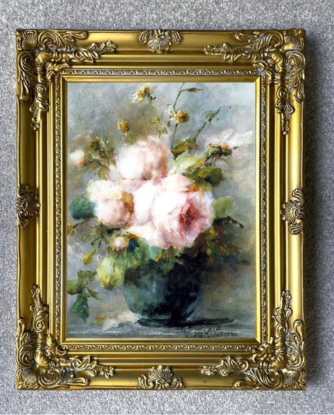 Exquisite Still Life Oleograph on Canvas Still Life of Roses in a Glass Vase