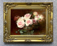 Beautiful Still Life Oleograph on Canvas Still Life of White & Pink Roses in a Bowl