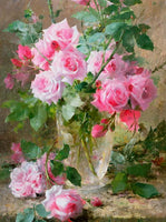 Fine Oleograph on Canvas Still Life of Pink Roses in a Glass Vase