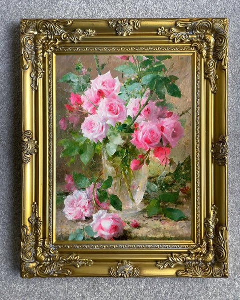 Fine Oleograph on Canvas Still Life of Pink Roses in a Glass Vase