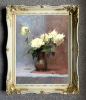 Exquisite Oleograph on Canvas - Brown Vase with Flowers