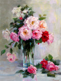 Fine Oleograph on Canvas - Pink & White Roses on a Marble Ledge