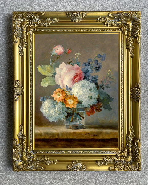 Still Life Lithograph on Canvas of Roses, Snowballs, Peonies & Hyacinths