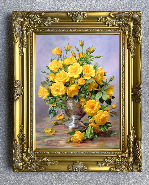 Stunning Still Life Oleograph on Canvas Still Life of Yellow Roses by Albert Williams