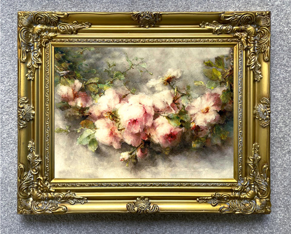 Stunning Still Life Oleograph on Canvas Still Life of a Swag of Pink Roses