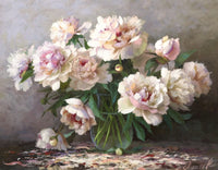 Still Life Oleograph on Canvas Still Life of Peonies in a Glass Vase