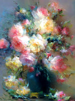 Fine Impressionist Floral Still Life Oleograph on Canvas - Pink & Yellow Roses