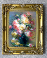 Fine Impressionist Floral Still Life Oleograph on Canvas - Pink & Yellow Roses