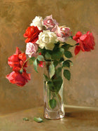 Fine Oleograph on Canvas Still Life of Mixed Roses in a Glass Vase