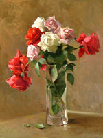 Fine Oleograph on Canvas Still Life of Mixed Roses in a Glass Vase