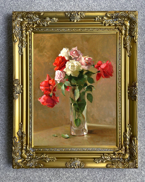 Fine Oleograph on Canvas Still Life of Mixed Roses in a Glass Vase