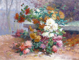 Fine Oleograph on Canvas Still Life of Dahlias by a Bench