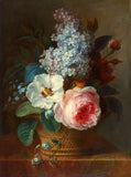 Fine Large Still Life Oleograph on Canvas -  Roses & Marigolds  in a Wicker Basket