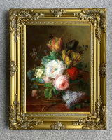 Fine Gilt Framed Still Life Oleograph on Canvas - Still Life with Tulips