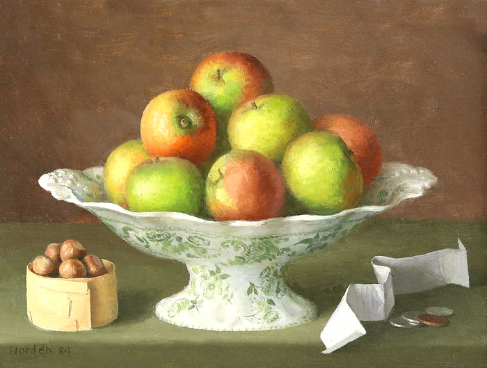Fine Oleograph on Canvas - Still Life - Apples on a Porcelain Comport