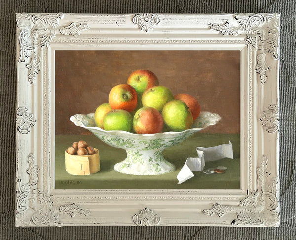 Fine Oleograph on Canvas - Still Life - Apples on a Porcelain Comport