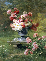 Stunning Still Life Oleograph on Canvas Still Life of Peonies in a Stone Urn