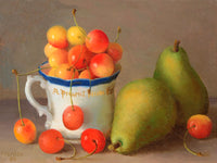 Fine Oleograph on Canvas - Still Life - a Porcelain Mug with Cherries and Pears