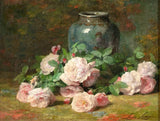 Superb Still Life Oleograph on Canvas Still Life of Pink & White Roses with a Blue Vase