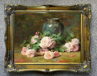 Superb Still Life Oleograph on Canvas Still Life of Pink & White Roses with a Blue Vase