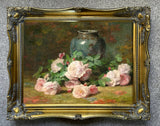 Superb Still Life Oleograph on Canvas Still Life of Pink & White Roses with a Blue Vase