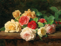 Fine Oleograph on Canvas Still Life - Red Yellow & White Roses on a Ledge