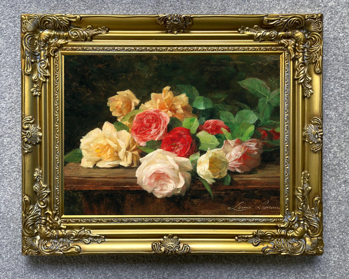 Fine Oleograph on Canvas Still Life - Red Yellow & White Roses on a Ledge