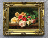 Fine Oleograph on Canvas Still Life - Red Yellow & White Roses on a Ledge