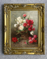 Fine Oleograph on Canvas Still Life of Red & White Roses in a Basket