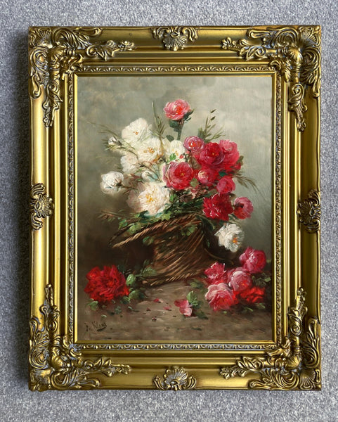 Fine Oleograph on Canvas Still Life of Red & White Roses in a Basket