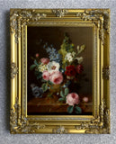 Fine Oleograph on Canvas - Dutch Floral Bouquet on a Marble Ledge