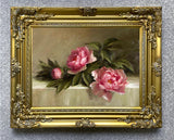 Fine Oleograph on Canvas - Pink Roses on a Ledge