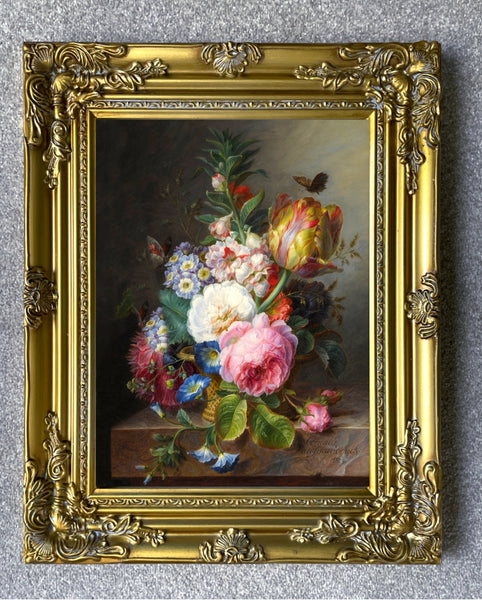 Fine Large Still Life Oleograph on Canvas - Tulips & Roses on a Marble Ledge