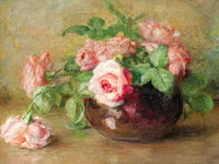 Fine Lithograph on Canvas - Pink & White Roses in a Bowl